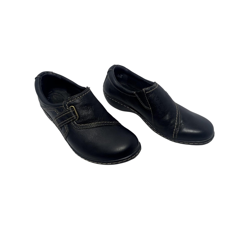 Clarks Collection Shoes Womens Size 7 Black Leather Slip On Comfort Buckle‎
